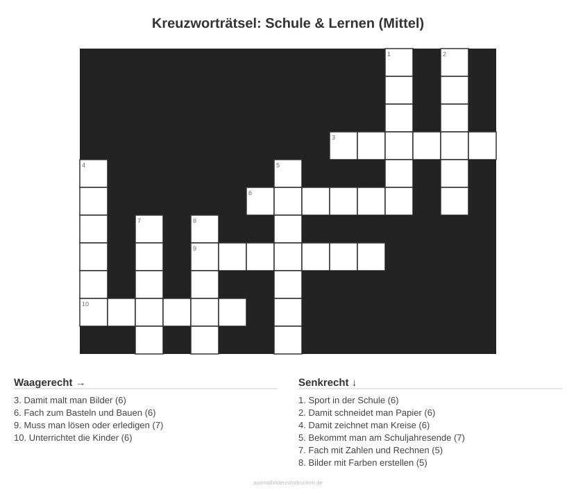 Kreuzworträtsel Kreuzworträtsel: Schule & Lernen (Mittel) aus der Kategorie Schule - kostenlos ausdrucken