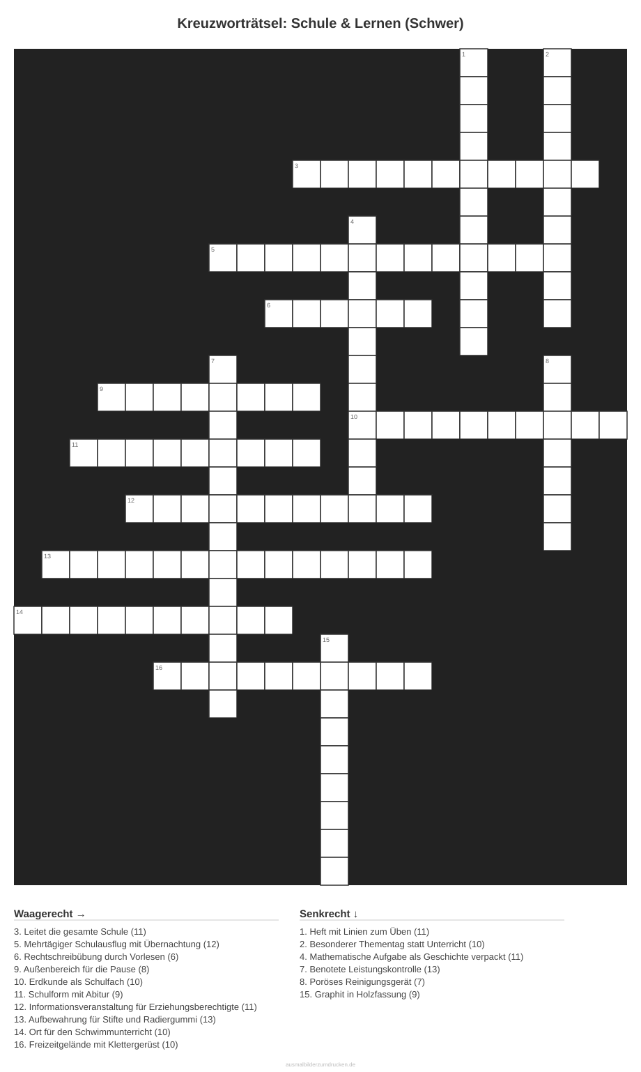Kreuzworträtsel Kreuzworträtsel: Schule & Lernen (Schwer) aus der Kategorie Schule - kostenlos ausdrucken
