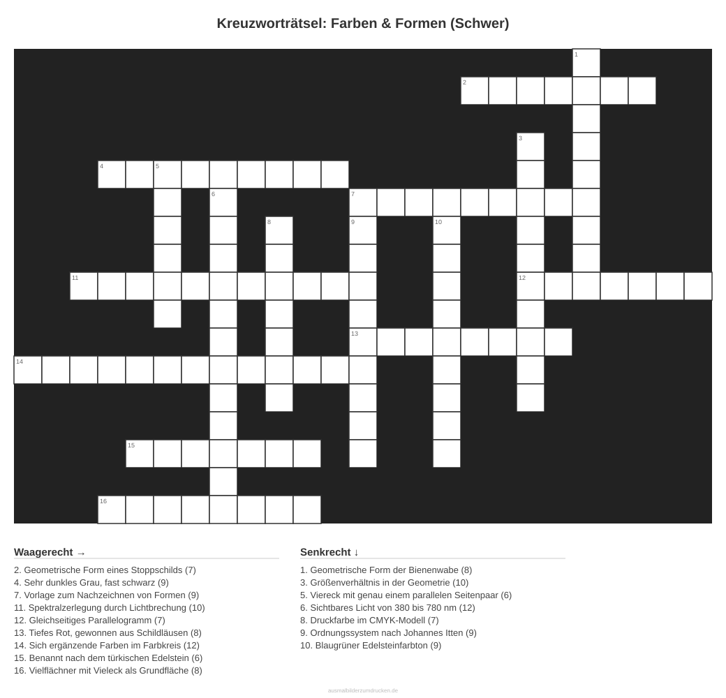 Kreuzworträtsel Kreuzworträtsel: Farben & Formen (Schwer) aus der Kategorie Farben - kostenlos ausdrucken