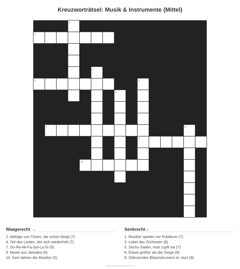 Kreuzworträtsel Kreuzworträtsel: Musik & Instrumente (Mittel) aus der Kategorie Musik - kostenlos ausdrucken