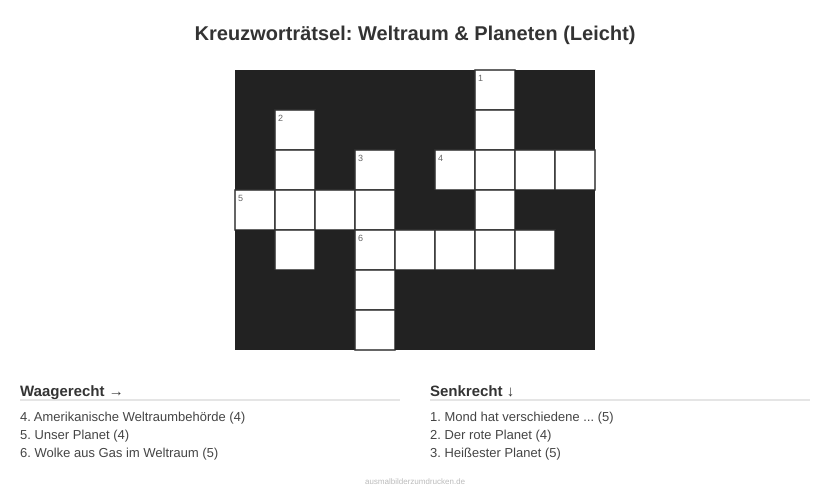 Kreuzworträtsel Kreuzworträtsel: Weltraum & Planeten (Leicht) aus der Kategorie Weltraum - kostenlos ausdrucken