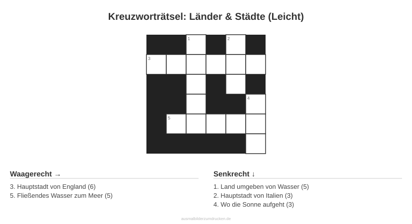 Kreuzworträtsel Kreuzworträtsel: Länder & Städte (Leicht) aus der Kategorie Länder - kostenlos ausdrucken