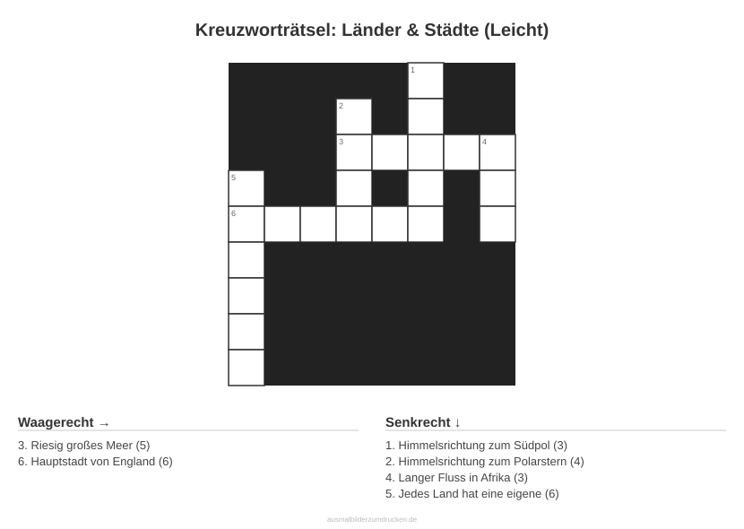 Kreuzworträtsel Kreuzworträtsel: Länder & Städte (Leicht) aus der Kategorie Länder - kostenlos ausdrucken