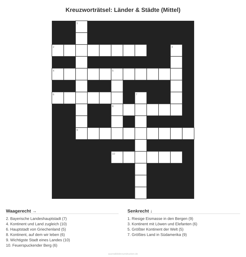 Kreuzworträtsel Kreuzworträtsel: Länder & Städte (Mittel) aus der Kategorie Länder - kostenlos ausdrucken
