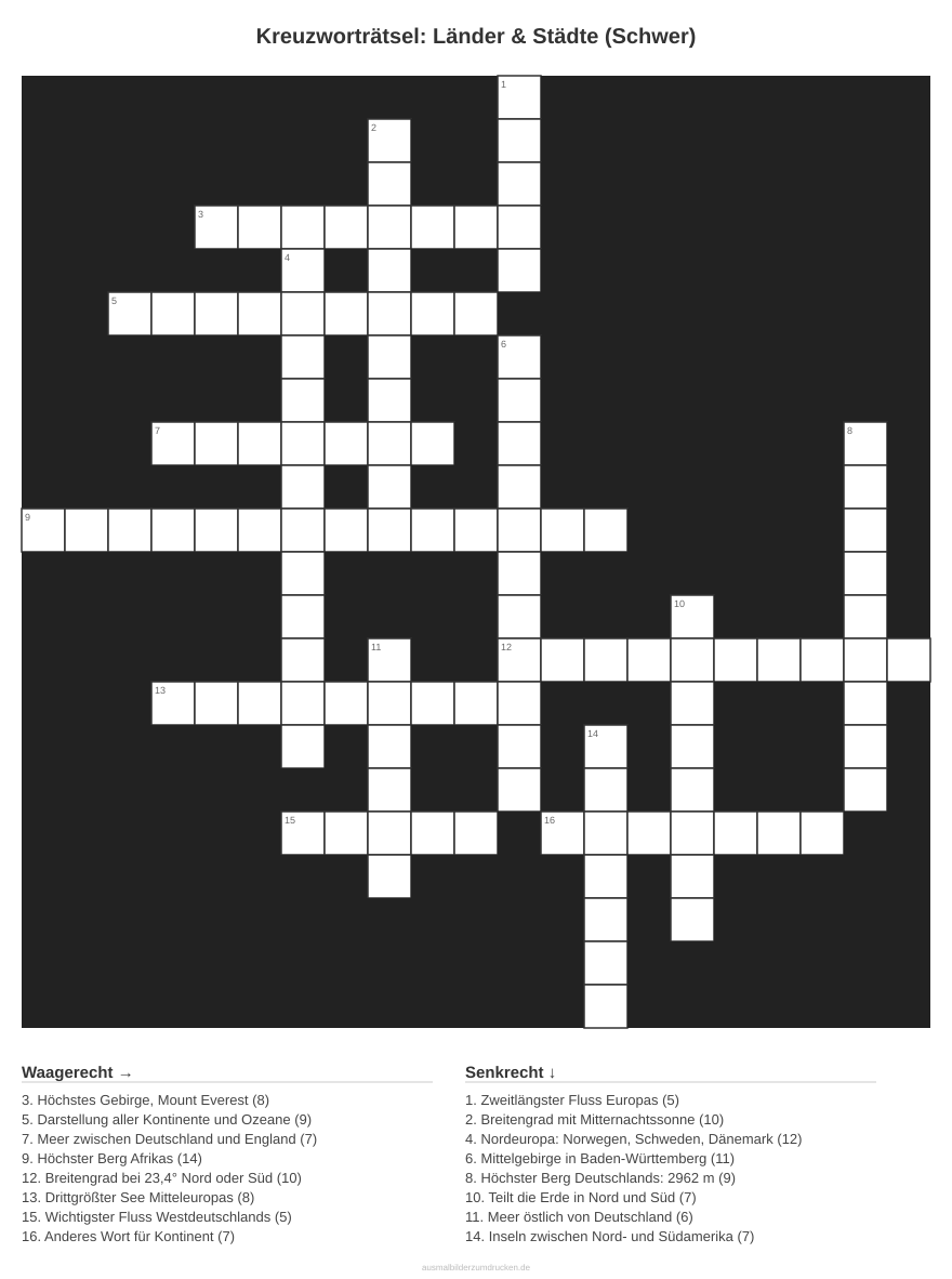 Kreuzworträtsel Kreuzworträtsel: Länder & Städte (Schwer) aus der Kategorie Länder - kostenlos ausdrucken
