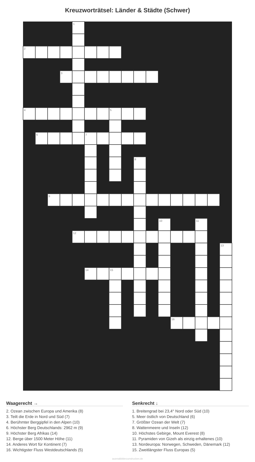 Kreuzworträtsel Kreuzworträtsel: Länder & Städte (Schwer) aus der Kategorie Länder - kostenlos ausdrucken