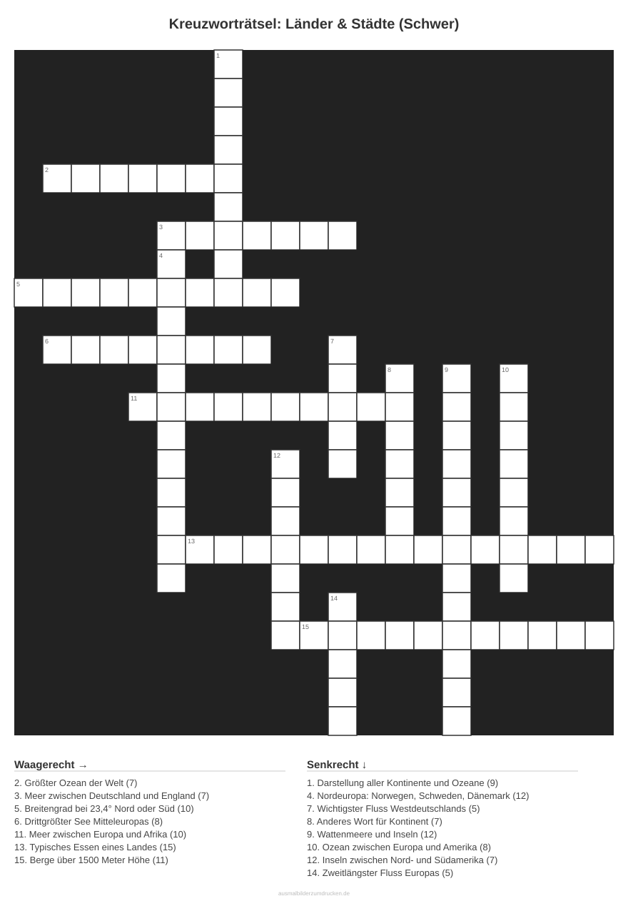 Kreuzworträtsel Kreuzworträtsel: Länder & Städte (Schwer) aus der Kategorie Länder - kostenlos ausdrucken
