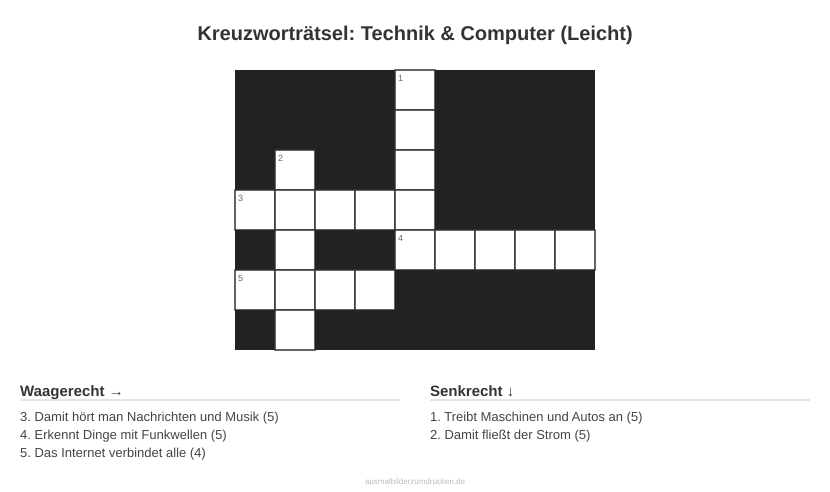 Kreuzworträtsel Kreuzworträtsel: Technik & Computer (Leicht) aus der Kategorie Technik - kostenlos ausdrucken