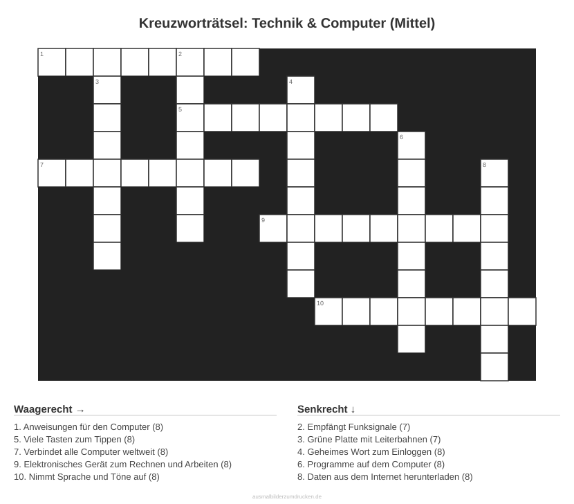 Kreuzworträtsel Kreuzworträtsel: Technik & Computer (Mittel) aus der Kategorie Technik - kostenlos ausdrucken