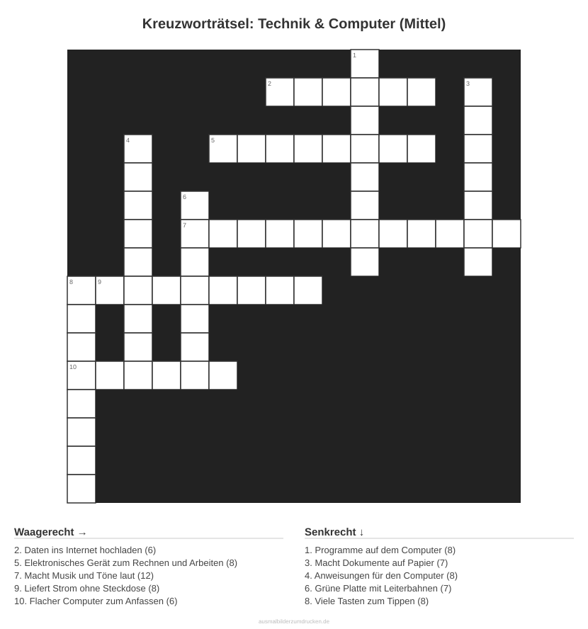 Kreuzworträtsel Kreuzworträtsel: Technik & Computer (Mittel) aus der Kategorie Technik - kostenlos ausdrucken
