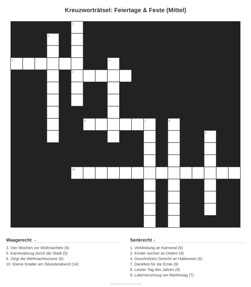 Kreuzworträtsel Kreuzworträtsel: Feiertage & Feste (Mittel) aus der Kategorie Feste - kostenlos ausdrucken