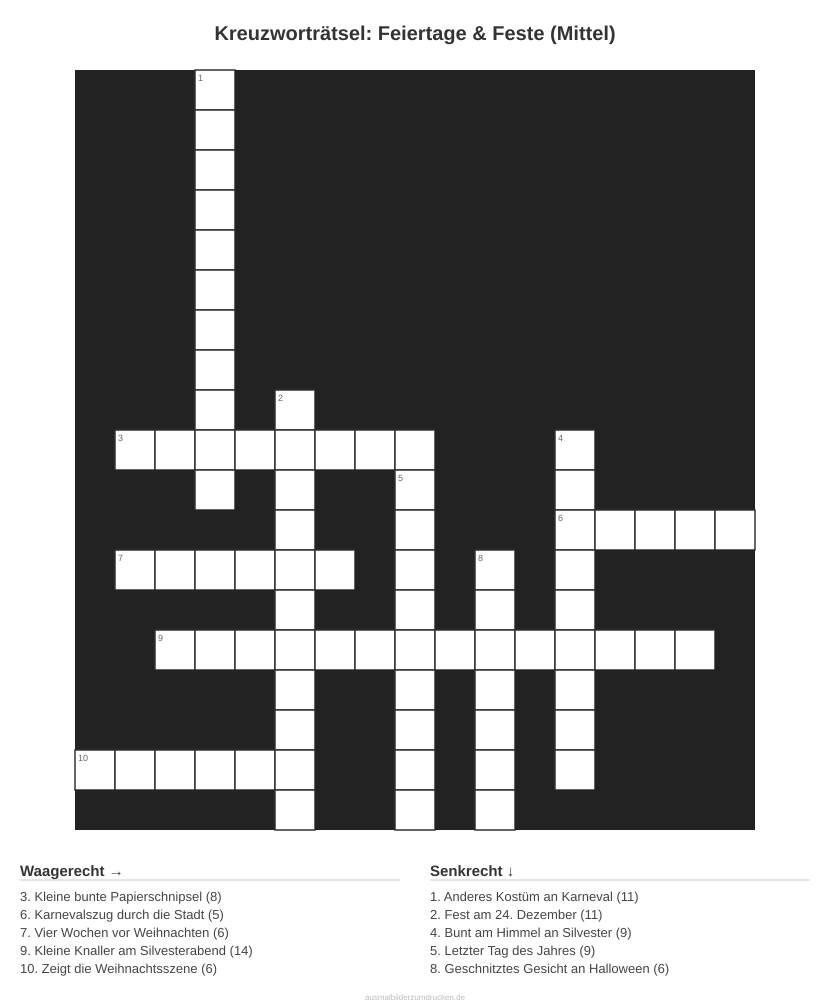 Kreuzworträtsel Kreuzworträtsel: Feiertage & Feste (Mittel) aus der Kategorie Feste - kostenlos ausdrucken
