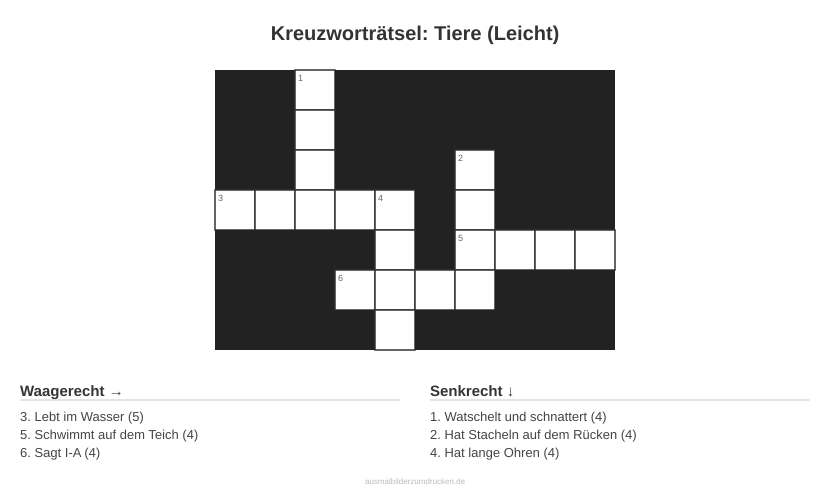 Kreuzworträtsel Kreuzworträtsel: Tiere (Leicht) aus der Kategorie Tiere - kostenlos ausdrucken