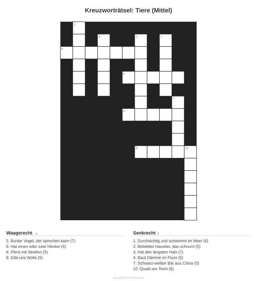 Kreuzworträtsel Kreuzworträtsel: Tiere (Mittel) aus der Kategorie Tiere - kostenlos ausdrucken