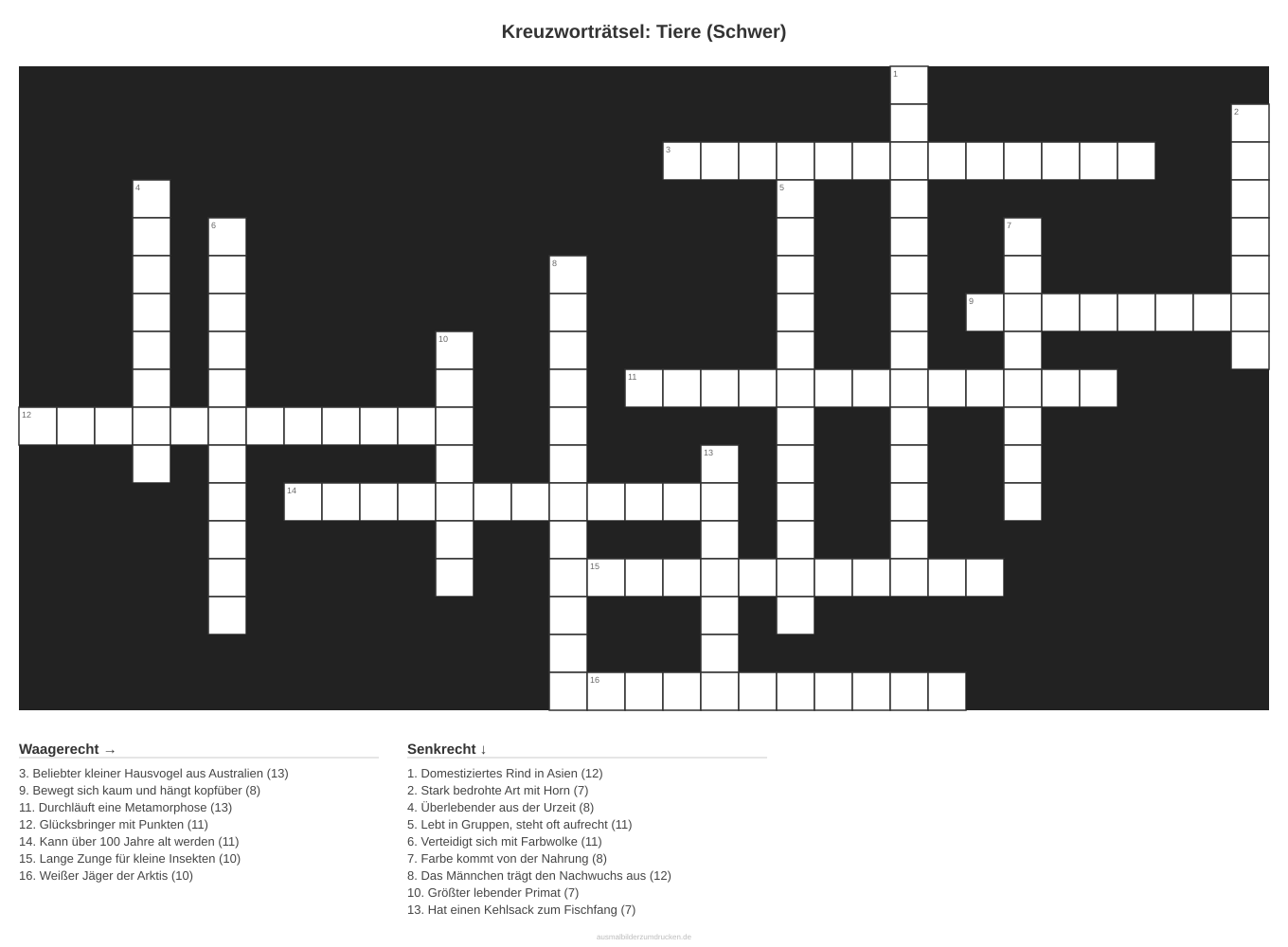 Kreuzworträtsel Kreuzworträtsel: Tiere (Schwer) aus der Kategorie Tiere - kostenlos ausdrucken