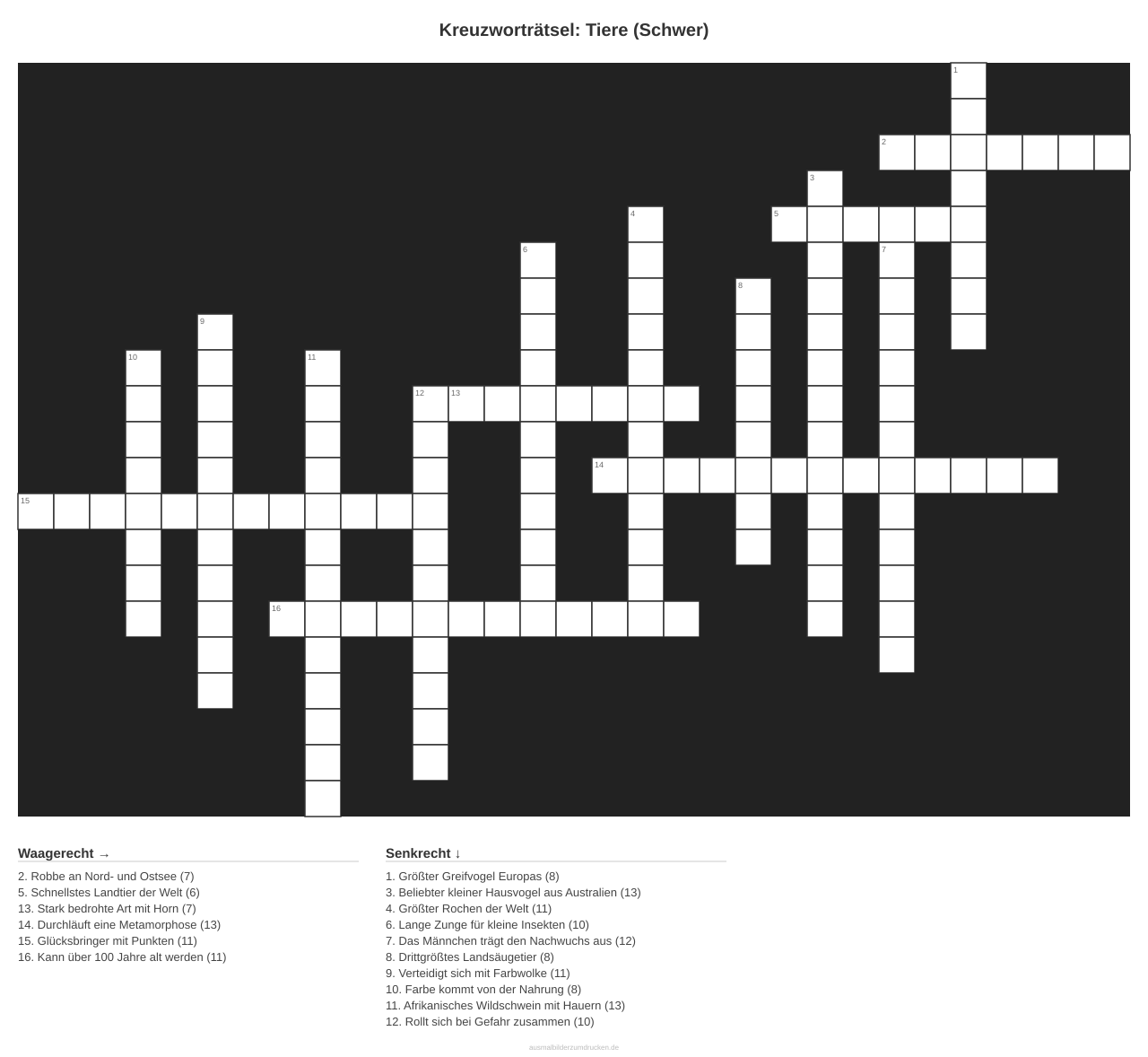 Kreuzworträtsel Kreuzworträtsel: Tiere (Schwer) aus der Kategorie Tiere - kostenlos ausdrucken