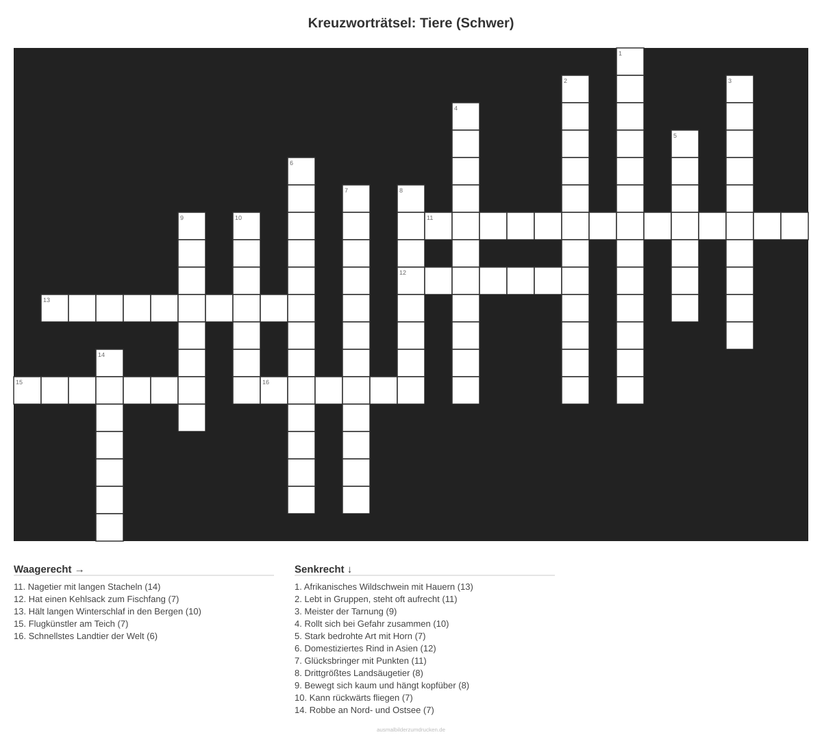 Kreuzworträtsel Kreuzworträtsel: Tiere (Schwer) aus der Kategorie Tiere - kostenlos ausdrucken