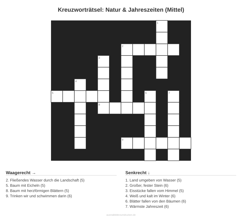 Kreuzworträtsel Kreuzworträtsel: Natur & Jahreszeiten (Mittel) aus der Kategorie Natur - kostenlos ausdrucken