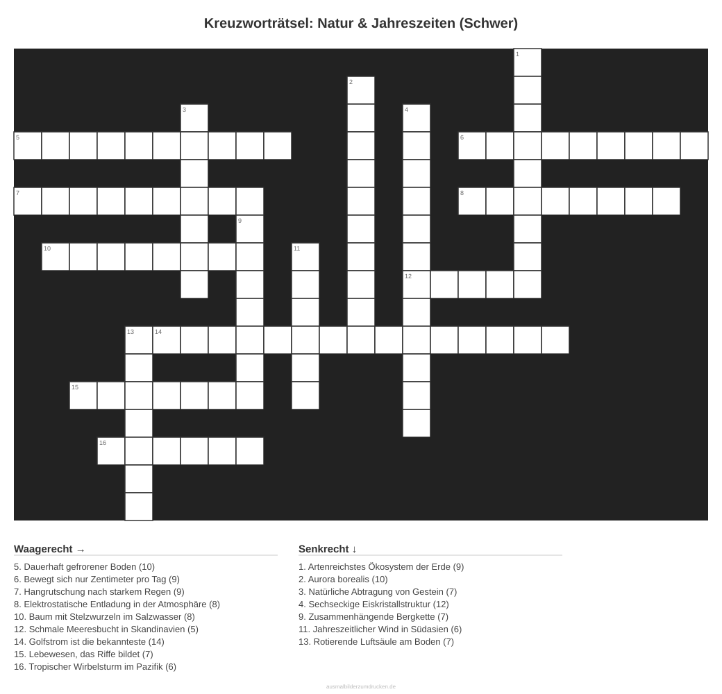 Kreuzworträtsel Kreuzworträtsel: Natur & Jahreszeiten (Schwer) aus der Kategorie Natur - kostenlos ausdrucken