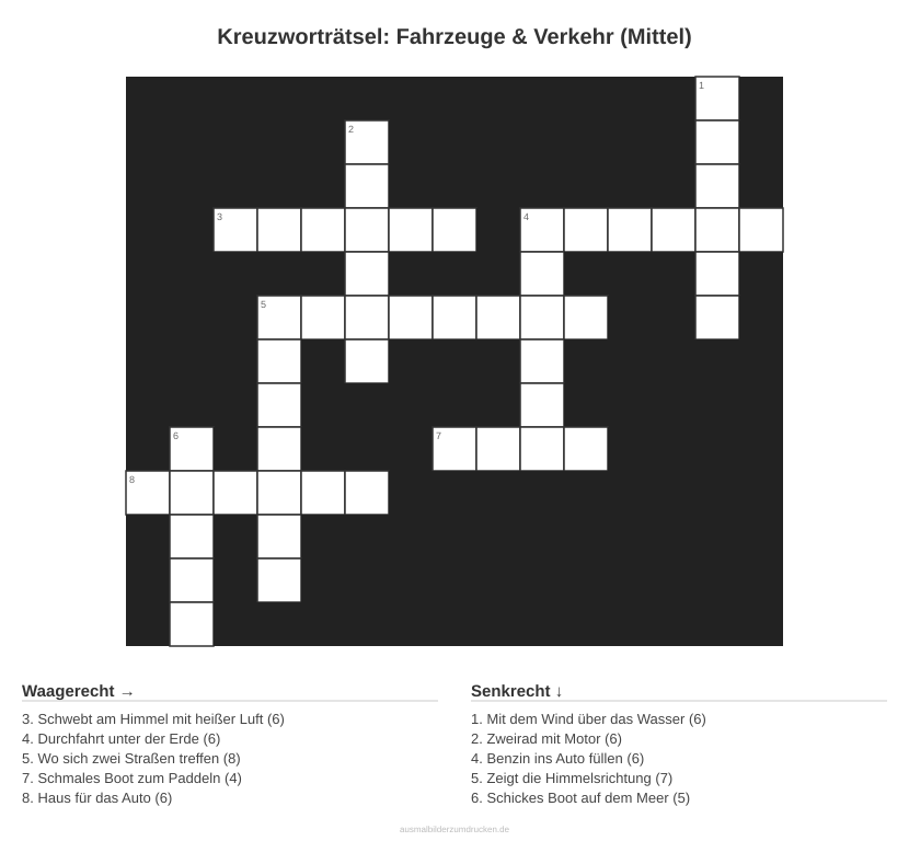 Kreuzworträtsel Kreuzworträtsel: Fahrzeuge & Verkehr (Mittel) aus der Kategorie Fahrzeuge - kostenlos ausdrucken