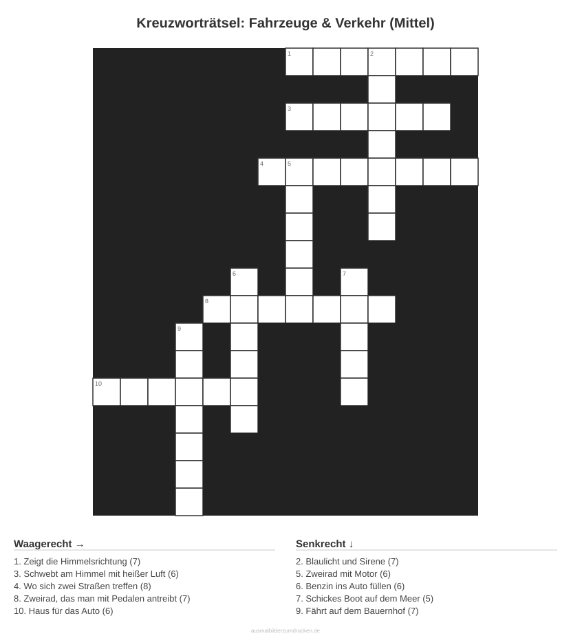 Kreuzworträtsel Kreuzworträtsel: Fahrzeuge & Verkehr (Mittel) aus der Kategorie Fahrzeuge - kostenlos ausdrucken