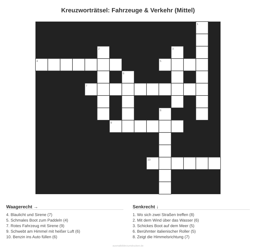 Kreuzworträtsel Kreuzworträtsel: Fahrzeuge & Verkehr (Mittel) aus der Kategorie Fahrzeuge - kostenlos ausdrucken
