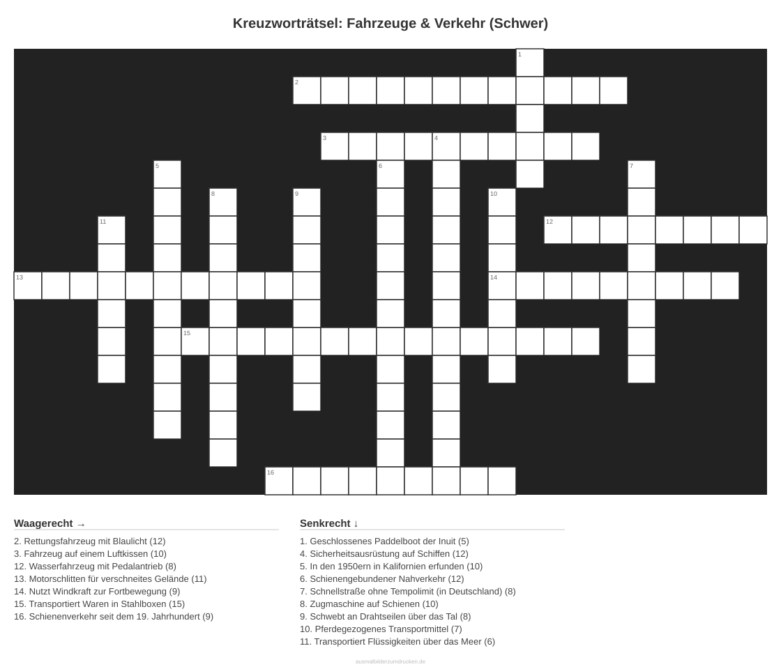 Kreuzworträtsel Kreuzworträtsel: Fahrzeuge & Verkehr (Schwer) aus der Kategorie Fahrzeuge - kostenlos ausdrucken