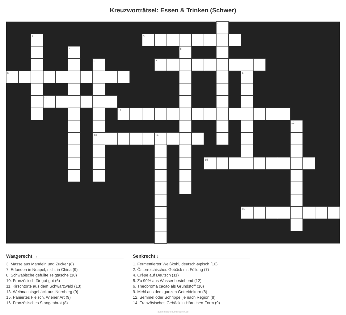 Kreuzworträtsel Kreuzworträtsel: Essen & Trinken (Schwer) aus der Kategorie Essen - kostenlos ausdrucken