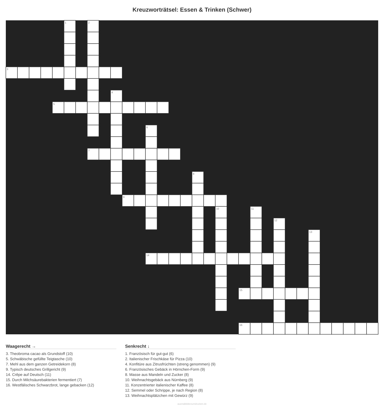 Kreuzworträtsel Kreuzworträtsel: Essen & Trinken (Schwer) aus der Kategorie Essen - kostenlos ausdrucken