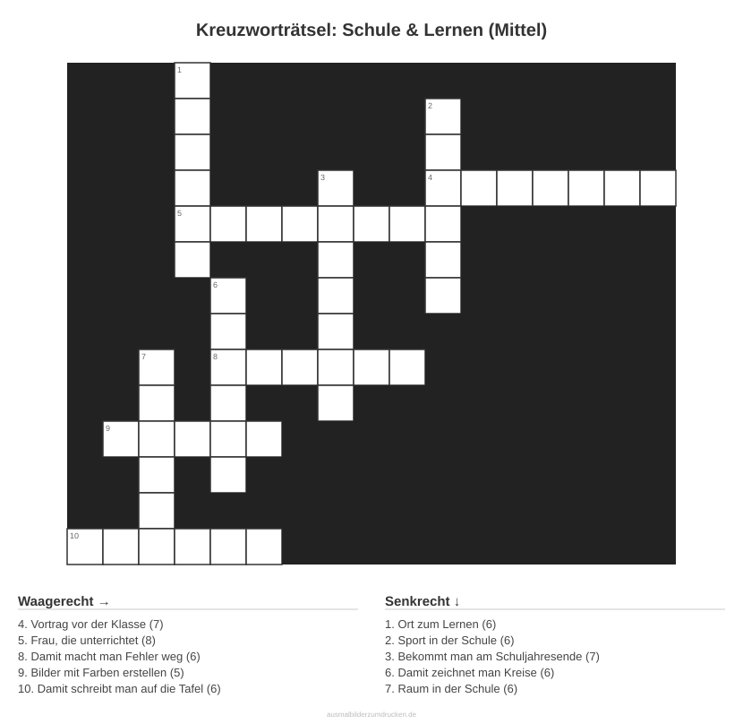 Kreuzworträtsel Kreuzworträtsel: Schule & Lernen (Mittel) aus der Kategorie Schule - kostenlos ausdrucken