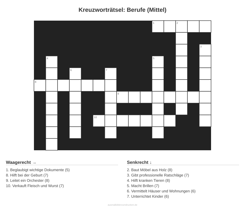 Kreuzworträtsel Kreuzworträtsel: Berufe (Mittel) aus der Kategorie Berufe - kostenlos ausdrucken