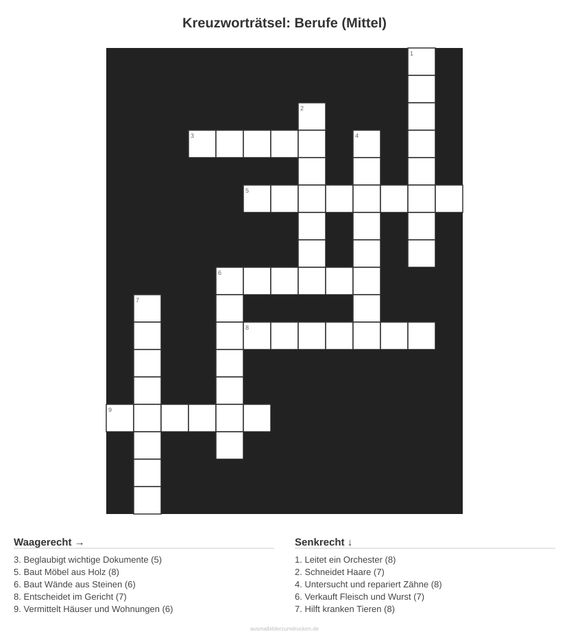 Kreuzworträtsel Kreuzworträtsel: Berufe (Mittel) aus der Kategorie Berufe - kostenlos ausdrucken