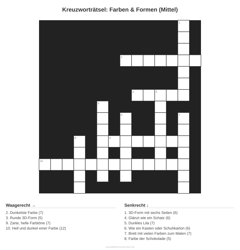 Kreuzworträtsel Kreuzworträtsel: Farben & Formen (Mittel) aus der Kategorie Farben - kostenlos ausdrucken