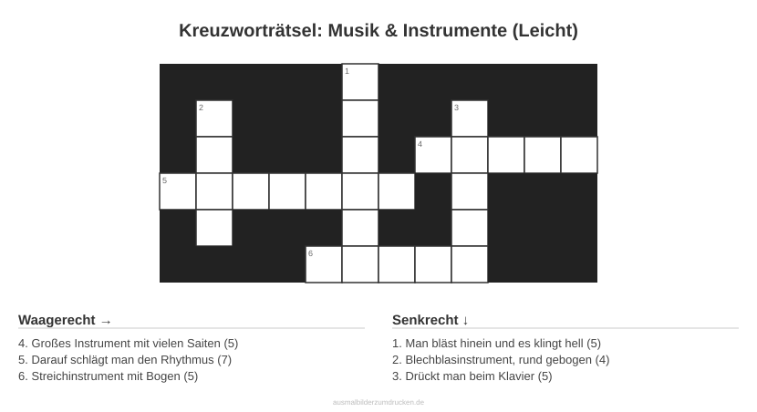 Kreuzworträtsel Kreuzworträtsel: Musik & Instrumente (Leicht) aus der Kategorie Musik - kostenlos ausdrucken
