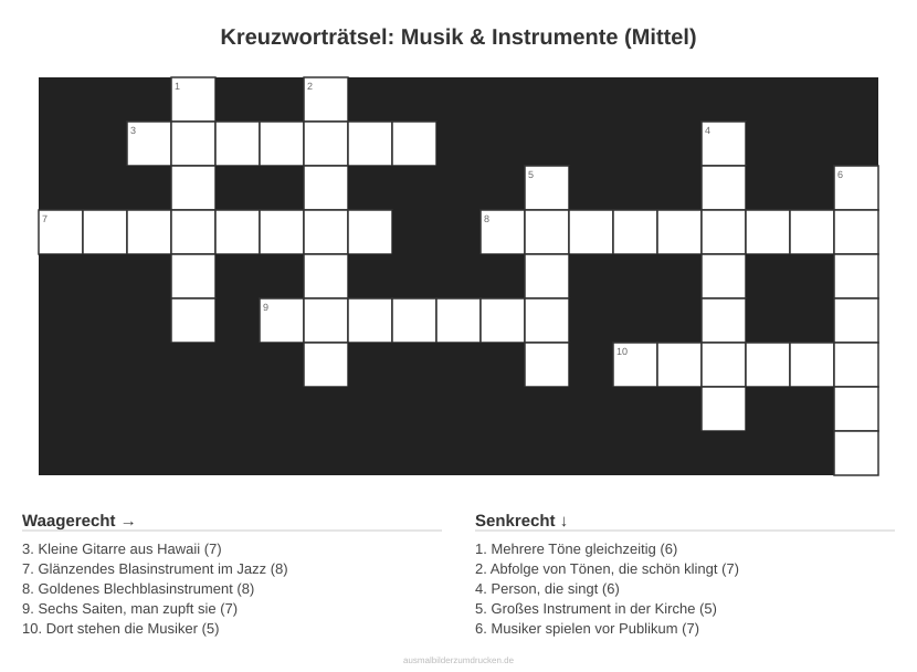 Kreuzworträtsel Kreuzworträtsel: Musik & Instrumente (Mittel) aus der Kategorie Musik - kostenlos ausdrucken