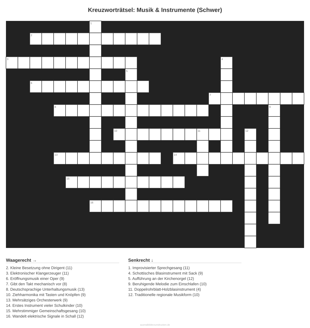 Kreuzworträtsel Kreuzworträtsel: Musik & Instrumente (Schwer) aus der Kategorie Musik - kostenlos ausdrucken
