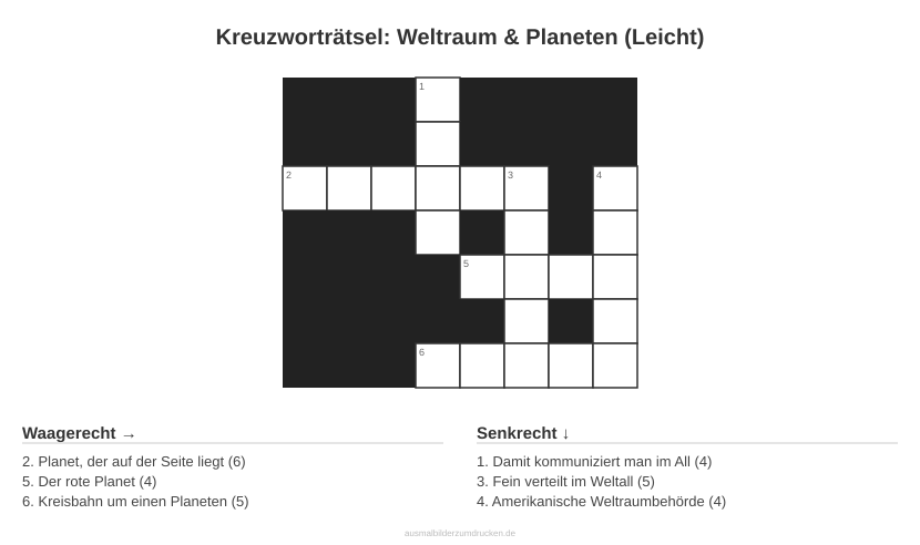 Kreuzworträtsel Kreuzworträtsel: Weltraum & Planeten (Leicht) aus der Kategorie Weltraum - kostenlos ausdrucken