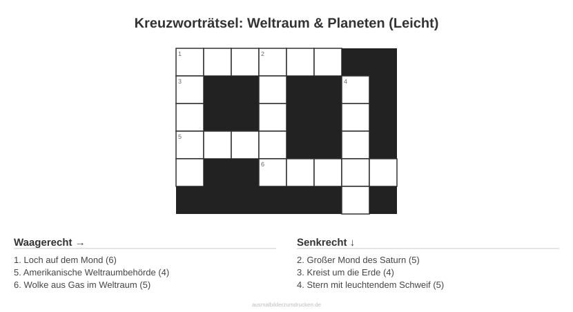 Kreuzworträtsel Kreuzworträtsel: Weltraum & Planeten (Leicht) aus der Kategorie Weltraum - kostenlos ausdrucken