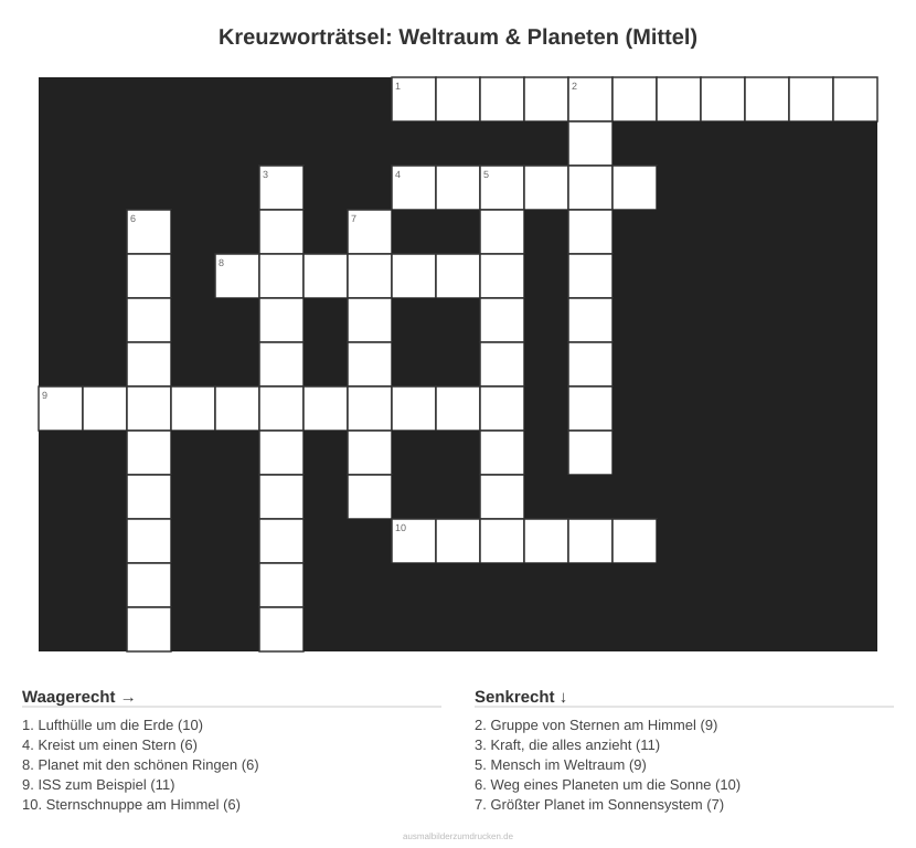 Kreuzworträtsel Kreuzworträtsel: Weltraum & Planeten (Mittel) aus der Kategorie Weltraum - kostenlos ausdrucken