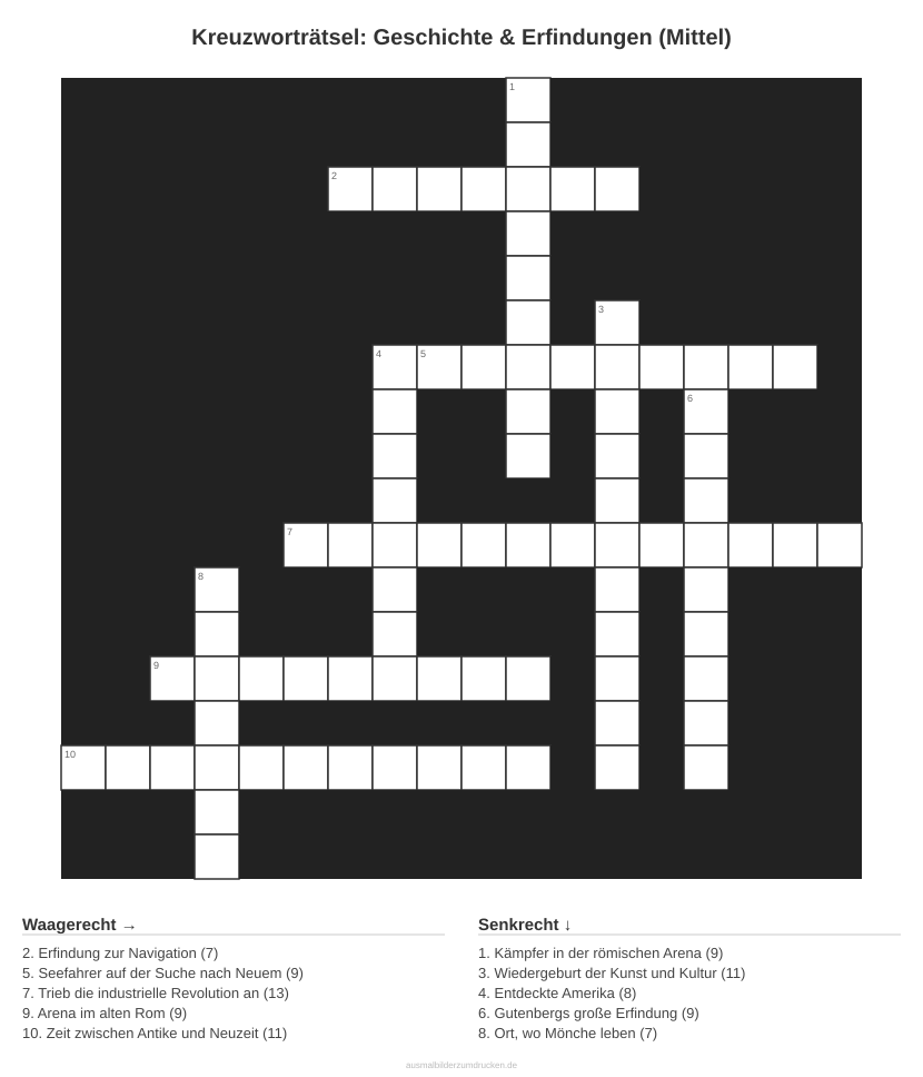 Kreuzworträtsel Kreuzworträtsel: Geschichte & Erfindungen (Mittel) aus der Kategorie Geschichte - kostenlos ausdrucken