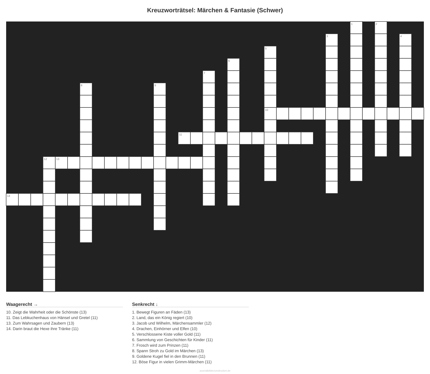 Kreuzworträtsel Kreuzworträtsel: Märchen & Fantasie (Schwer) aus der Kategorie Märchen - kostenlos ausdrucken