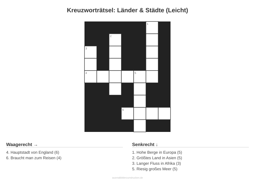 Kreuzworträtsel Kreuzworträtsel: Länder & Städte (Leicht) aus der Kategorie Länder - kostenlos ausdrucken