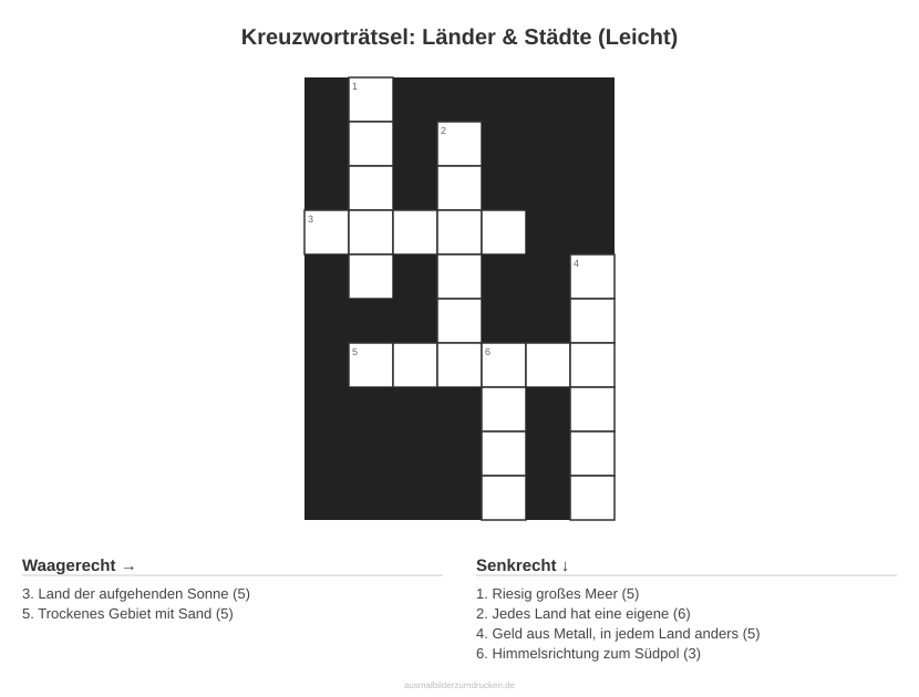 Kreuzworträtsel Kreuzworträtsel: Länder & Städte (Leicht) aus der Kategorie Länder - kostenlos ausdrucken