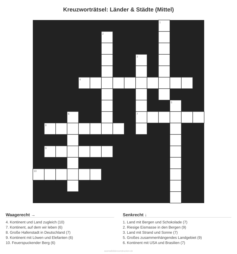Kreuzworträtsel Kreuzworträtsel: Länder & Städte (Mittel) aus der Kategorie Länder - kostenlos ausdrucken