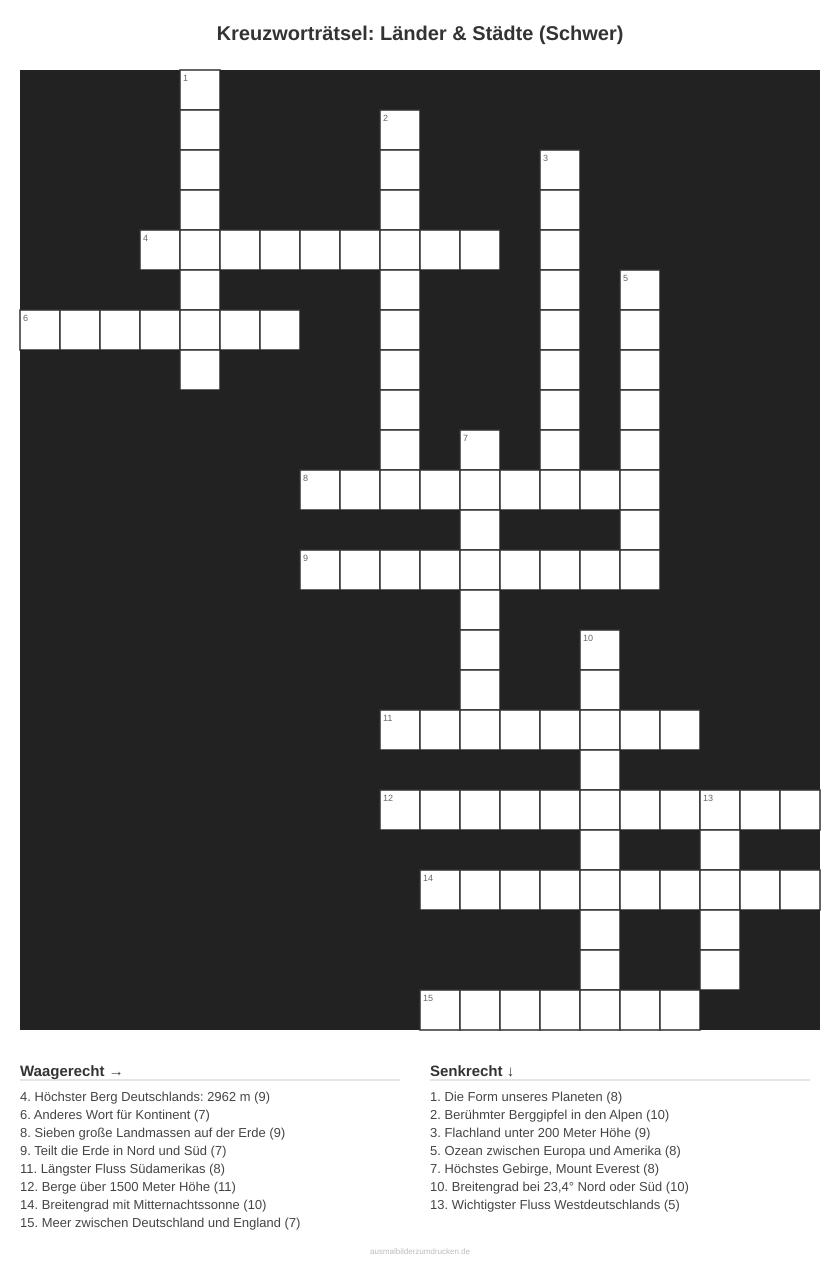 Kreuzworträtsel Kreuzworträtsel: Länder & Städte (Schwer) aus der Kategorie Länder - kostenlos ausdrucken