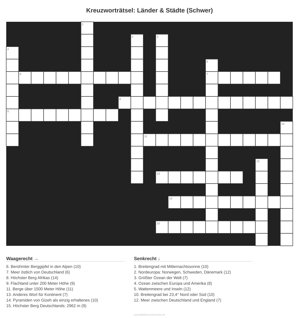 Kreuzworträtsel Kreuzworträtsel: Länder & Städte (Schwer) aus der Kategorie Länder - kostenlos ausdrucken