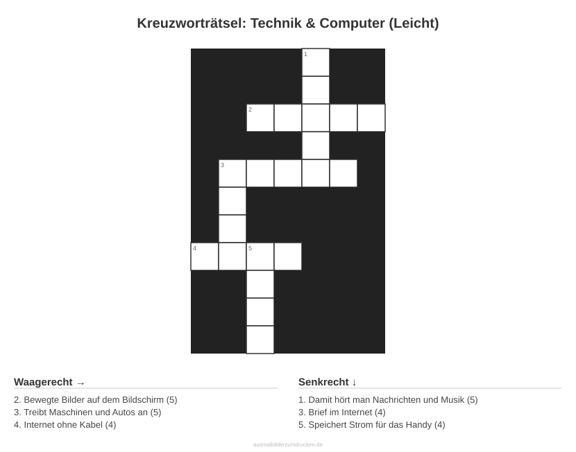 Kreuzworträtsel Kreuzworträtsel: Technik & Computer (Leicht) aus der Kategorie Technik - kostenlos ausdrucken