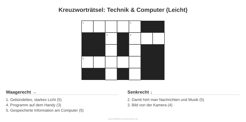 Kreuzworträtsel Kreuzworträtsel: Technik & Computer (Leicht) aus der Kategorie Technik - kostenlos ausdrucken
