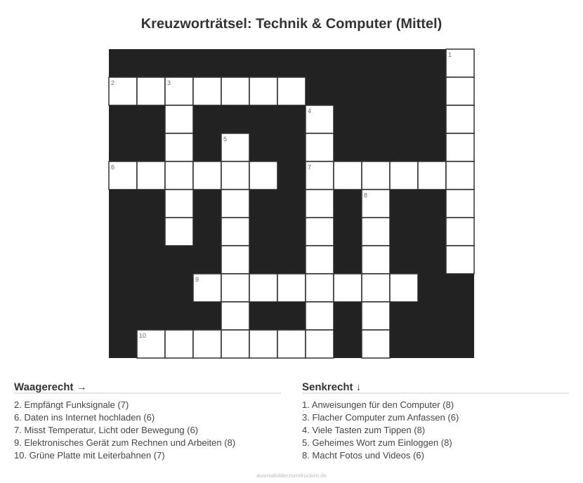 Kreuzworträtsel Kreuzworträtsel: Technik & Computer (Mittel) aus der Kategorie Technik - kostenlos ausdrucken