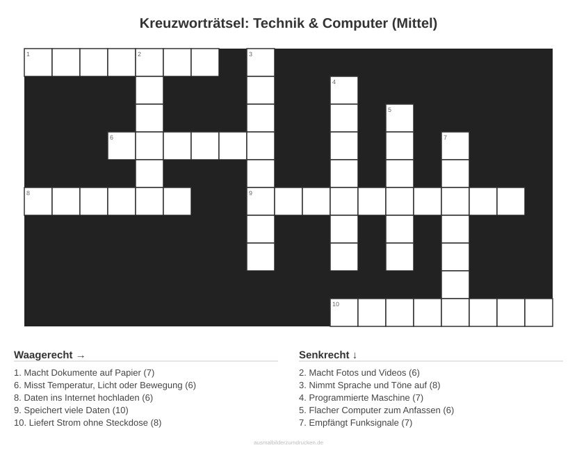 Kreuzworträtsel Kreuzworträtsel: Technik & Computer (Mittel) aus der Kategorie Technik - kostenlos ausdrucken